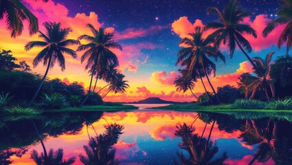 Vibrant sunset over tropical palm trees reflected in water, with a colorful sky and stars, creating a serene and picturesque landscape.