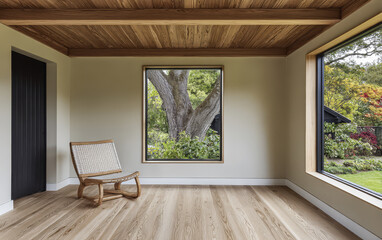 Fototapeta premium Cozy modern interior with large windows showcasing lush garden view
