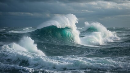 Naklejka premium Powerful ocean waves with crashing surf and turbulent water under a cloudy sky. Nature scenery of the sea and waves. Marine environment and stormy weather.