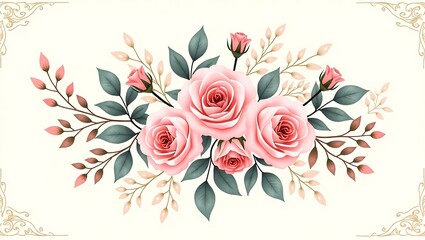 Pink floral with gold frame, watercolor style