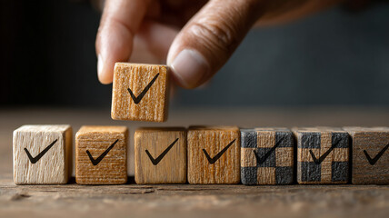 Visual representation of personal goals or work tasks with wooden blocks and hand adding final tick, real photo, stock photography