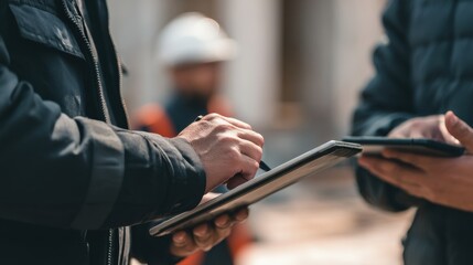 Field engineers discussing zoning logistics and architectural layout with tablet in hand..