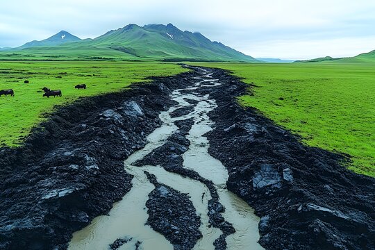 Scenic Mountain Valley with Stream and Grazing Cattle for Nature and Landscape Design