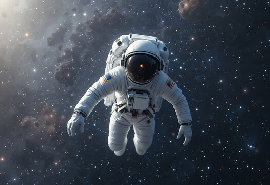 Astronaut floating in deep outer space surrounded by stars and cosmic dust - Powered by Adobe
