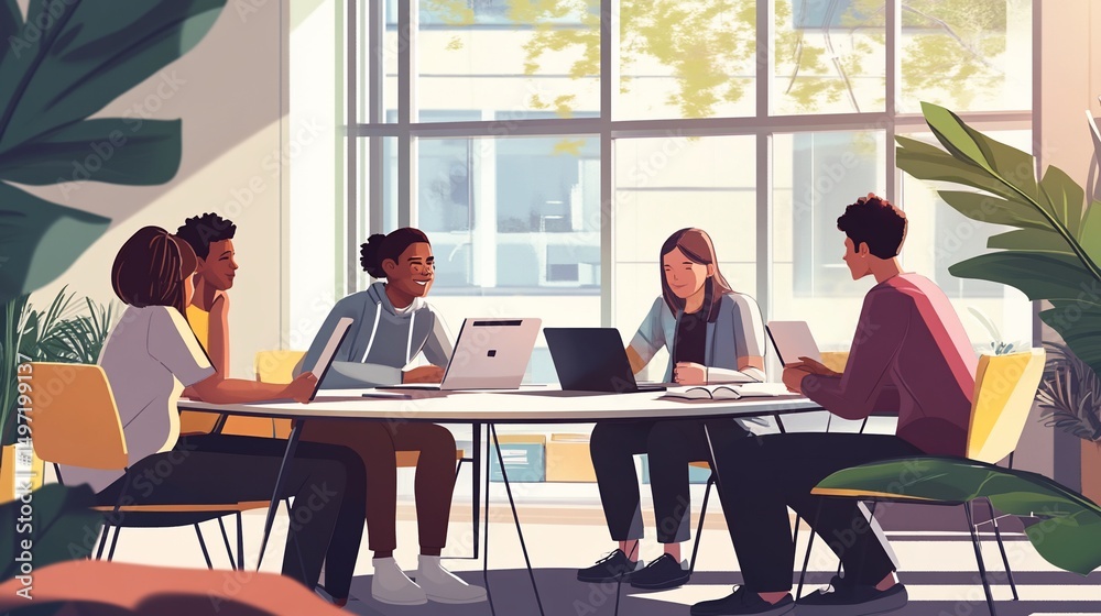 Poster diverse team collaborates on laptops around a round table in a sunlit modern office.