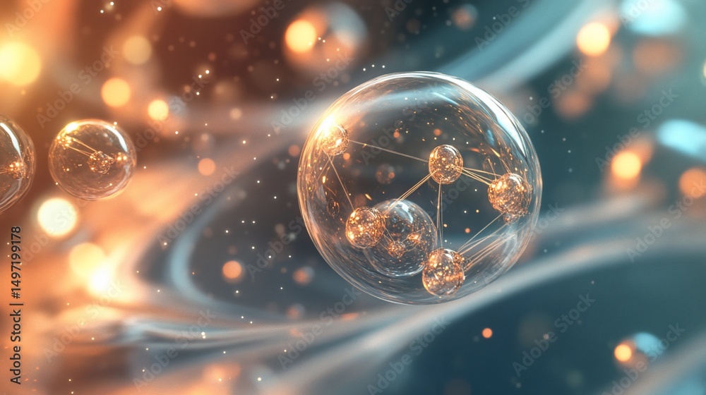 Poster abstract spheres interconnected, floating in a cosmic nebula with warm and cool tones.