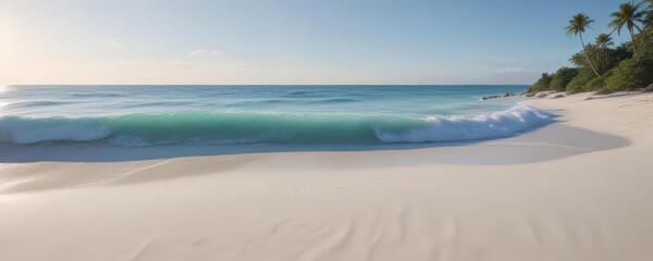 Soft blue waves caress a flawless white sand beach, idyllic scene , relaxing, peaceful, shore