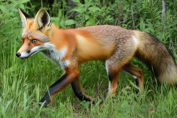 Fototapeta premium Generative AI image of curious wild red fox peeking from behind tree trunk in green summer forest with soft natural lighting