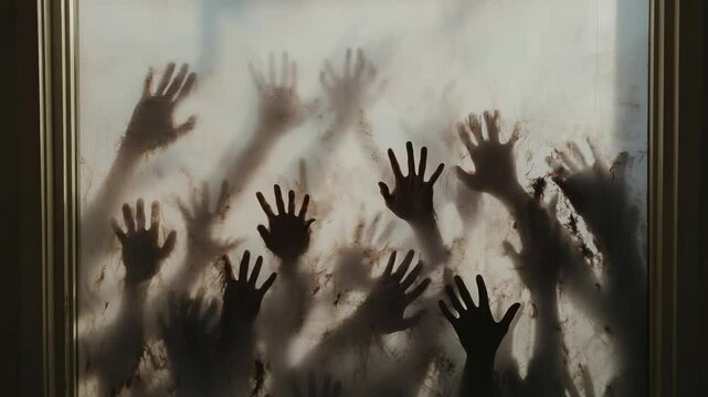 Many bloody zombie hands are reaching, scratching and slamming against a dusty window, trying to grab something from the other side, in a post apocalyptic scenario