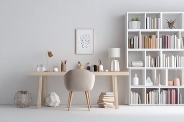Modern minimalist workspace featuring a light wooden desk, decorative items, and organized bookshelves