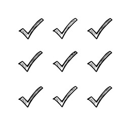 Checkmarks Grid: A collection of nine hand-drawn checkmarks arranged in a 3x3 grid, ideal for illustrating concepts of completion, checklists, and positive feedback. 