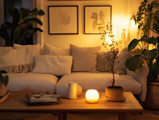 Cozy living room at night, warm lighting, plants, sofa, coffee table.