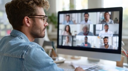 Fototapeta premium Focused team leader coordinating video call with global team members on desktop screen..