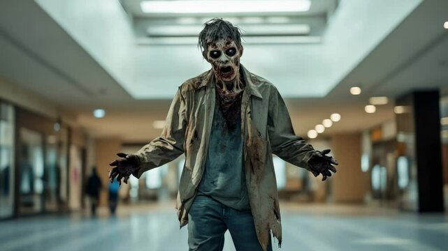 Decaying zombie walking desolate shopping mall corridor, presenting post apocalyptic horror with menacing stride, bloodstained clothing, overwhelming dread permeating environment