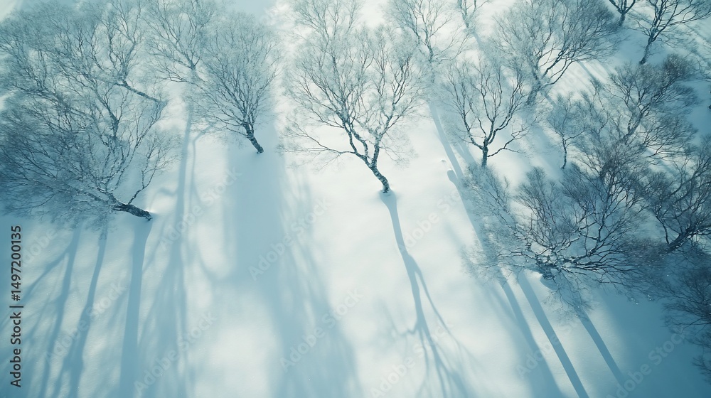 Poster aerial view of snow-covered trees casting long shadows on a snowy landscape.