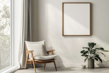 Fototapeta premium Frame mockup with chair and plant on white background