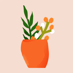 Vector paper cutout flat vase with abstract flowers bouquet in pastel tones, featuring halftone texture and collage style. Minimalist hand drawn illustration for posters, invitations, and web design