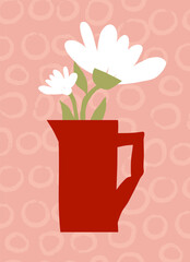 Abstract modern art minimalist cutout style design of white flowers with a green stem in a red jug. Pink background with pastel circles pattern. Vector home decor poster