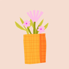 Vector paper cutout flat vase with abstract flowers bouquet in pastel tones, featuring halftone texture and collage style. Minimalist hand drawn illustration for posters, invitations, and web design