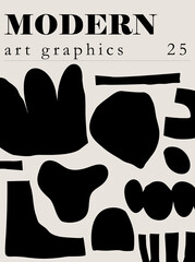 Modern art cut out style various black abstract shapes on light beige background. Vector illustration template for magazine cover, ad, social media or home decor poster