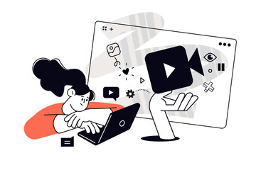Fototapeta na wymiar Video app. Set of vector illustrations for web banner, social media banner, business presentation, marketing material. 