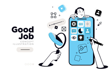 Mobile apps and services. Vector illustration for website page design, web banner, social media banner, business presentation, marketing material.