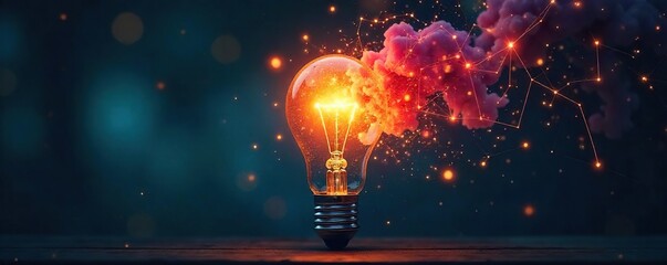 A light bulb illuminates a complex network of interconnected ideas, symbolizing the completion of a thought process and the achievement of a fully formed concept , connection, learning