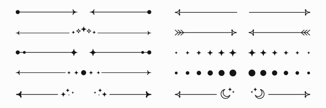 Graphic dividers and decorations, y2k aesthetics shapes and stickers. Arrows and stars, moons and circles. Vector design elements.