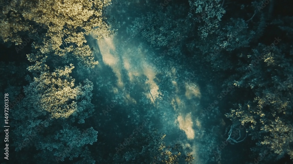Poster aerial view of a sunlit path through a dense forest.