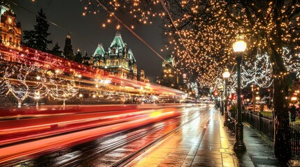 Obraz premium Night Lights Cityscape: Festive Vancouver Street Scene