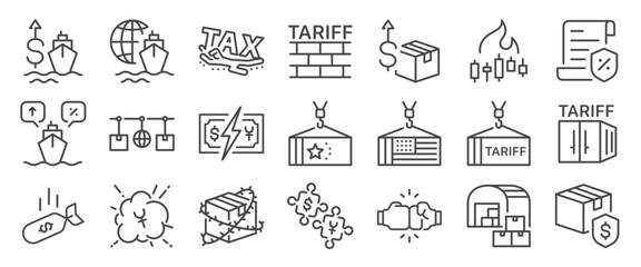 Trade war icon set. It includes tariff, trade deficit, tax, product, crisis and more icons. Editable Vector Stroke.

