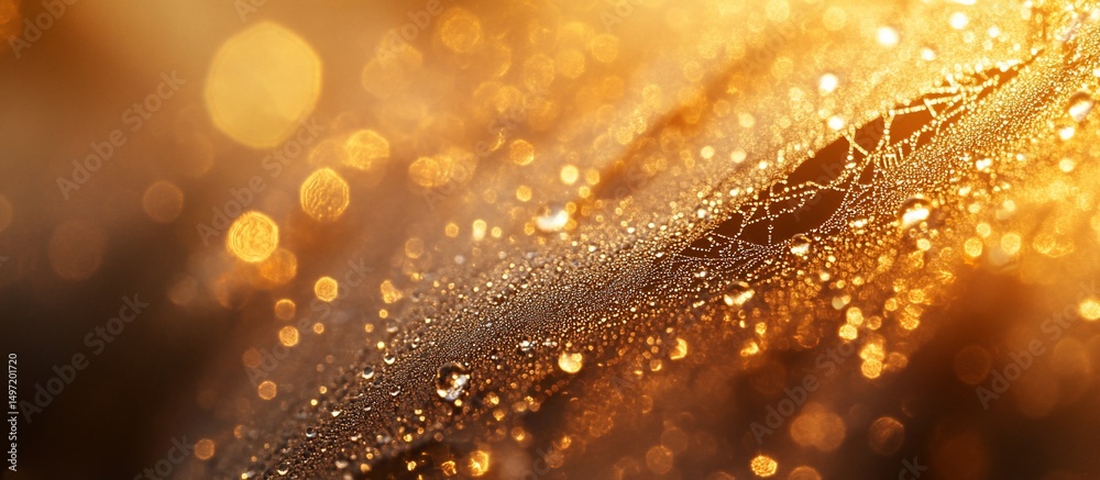 Aufkleber dew drops on a textured surface with a golden bokeh background.
