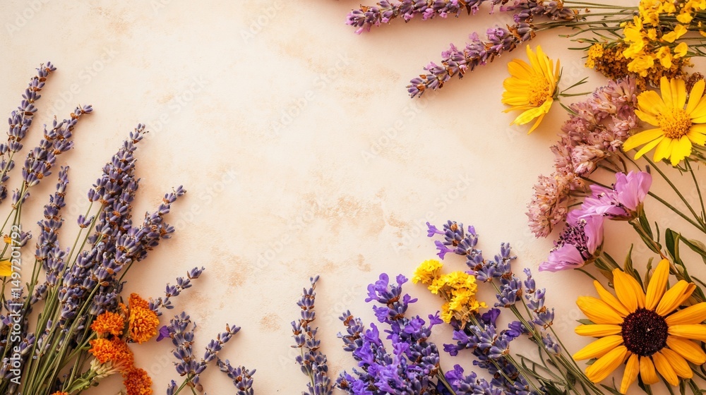 Poster flat lay of colorful wildflowers arranged in a border on a beige background, leaving space in the ce