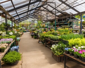 Gewächshaus voller Pflanzen und Blumen