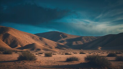 Naklejka premium Arid desert landscape with hills and sparse vegetation, under a dramatic sky with clouds and sunlight.