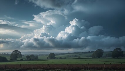 Cloudy sky over fields with trees and distant hills, showcasing weather and landscape.