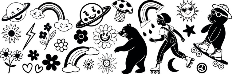 Funky Groovy Cartoon Vector Collection – Retro Doodle Elements, Cute Characters, Sparkles, Flowers, Clouds, Saturn, Bear, Stickers & Kids Design