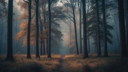 Fototapeta premium A forest scene with tall trees, a misty atmosphere, and a pathway, displaying autumn-colored leaves and a moody, tranquil environment.