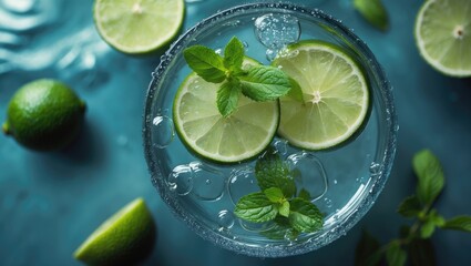Lime and mint in a refreshing drink with ice, surrounded by lime slices and fresh mint leaves, on a blue background.
