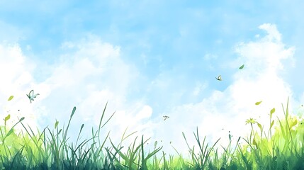 Obraz premium Digital illustration depicting a landscape of bright, vibrant grass, a pale blue sky, fluffy white clouds, and a few light-colored butterflies flitting among them.