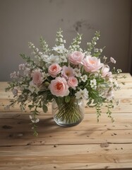 Delicate spring bouquet, soft light, rustic wood table,  pastel,  spring,  white