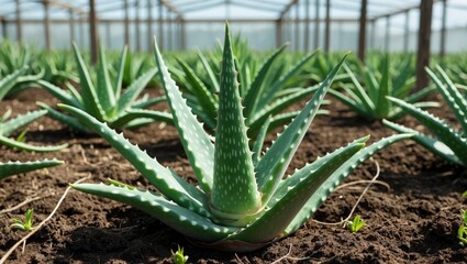 Obraz premium Aloe Vera plant in a greenhouse with lush green leaves and soil, agricultural and botanical context, emphasizing plant cultivation and growth.