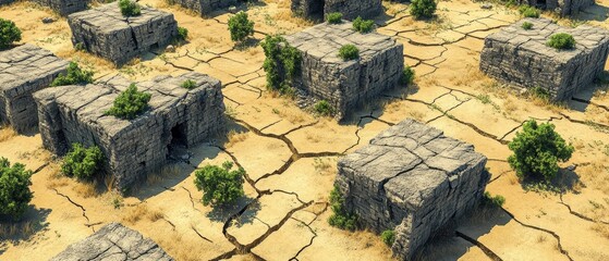Kubische Steinstrukturen in trockener Landschaft