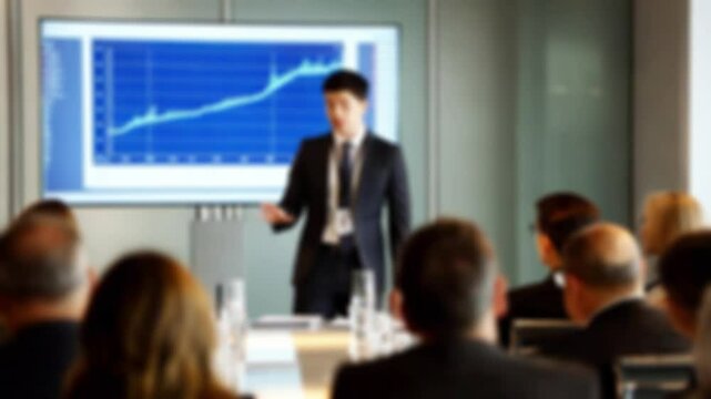 Blurred background featuring professional speaker highlighting key metrics with laser pointer