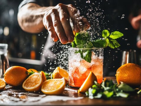 Modern bartending techniques captured with muddled citrus and herbs for rustic cocktails