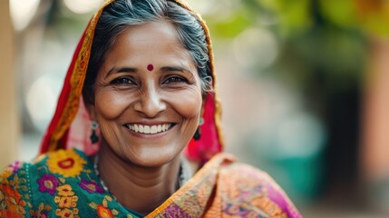 Fototapeta premium Close-up portrait of a smiling older woman, wearing a colorful headscarf. Warm, friendly expression