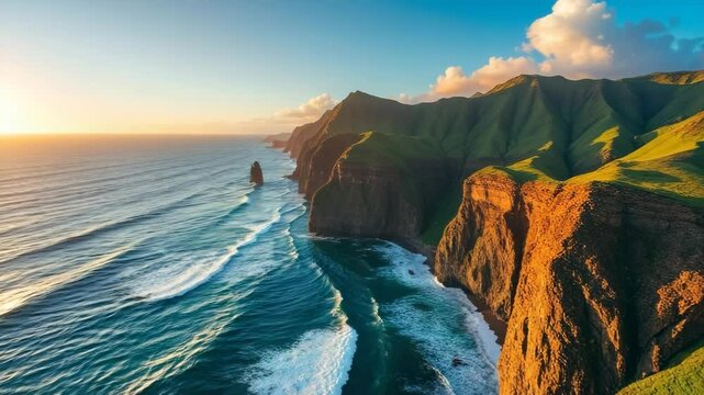 Drone flyover of scenic Hawaiian cliffs and crashing ocean waves at sunset, vibrant tropical landscape with rich textures and golden backlight