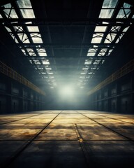 Industrielle Halle, dunkle Atmosphäre, Licht am Ende des Ganges