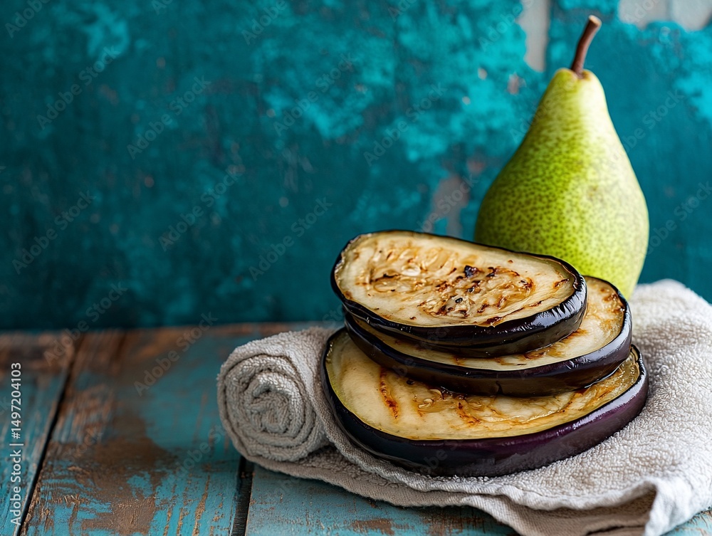 Aufkleber grilled eggplant slices and pear on a rustic towel.
