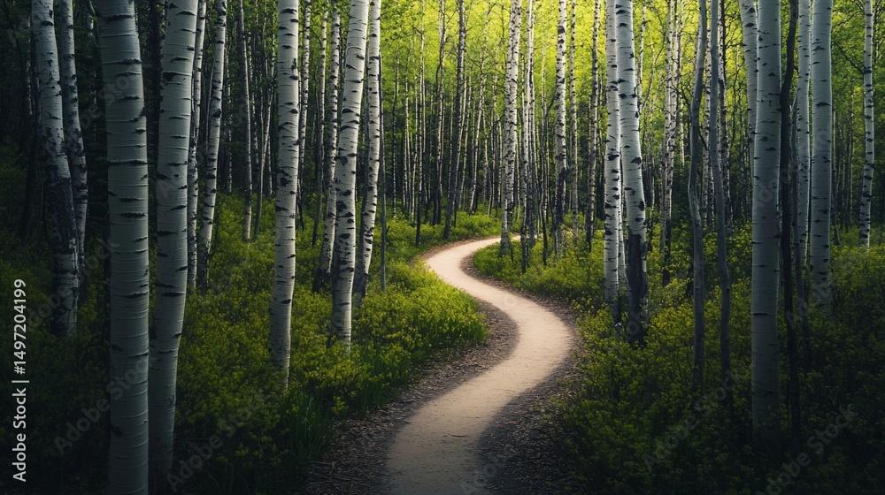Poster winding path through a sun-dappled aspen grove.